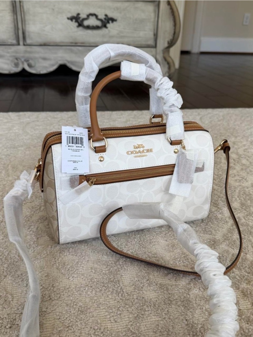 Coach Cream Signature Satchel with Tan Trim and Gold Hardware